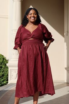 The Charlotte Plum Burgundy Wine Linen Dress is perfect for your next event! Multiway and reversible. Gorgeous puffy sleeves with cuff ruffles and elasticated shoulder. Elastic shirred bodice can be wrapped, twisted or tied as you wish! Beautiful A-line skirt. Find the perfect fit. Plus Size inclusive 6-24 Size 16 Wedding Guest Outfit, Charlotte Dress, Plus Size Wedding Guest Dresses, Wine Dress, Plum Dress, Big Bust, Guest Attire, Wedding Attire Guest, Puffy Sleeves