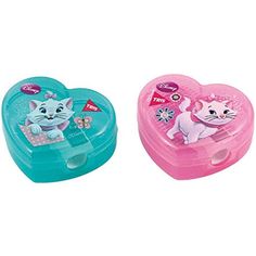 two plastic heart shaped boxes with cats on the front and one has a cat stick in it