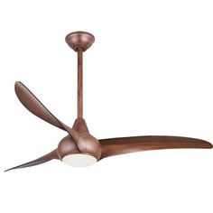 a ceiling fan that is brown and has two blades on the blades, one with a light