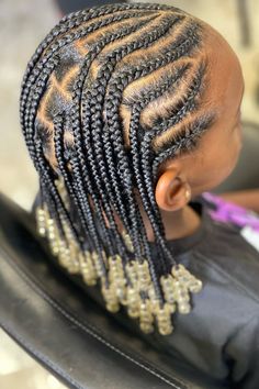 Kiddies Hairstyles with Beads Kids Cornrows With Beads, Fulani Braids Hairstyles Kids, Kid Cornrow Styles, Kids Braids With Beads Simple, Kids Natural Braided Hairstyles, Cornrow Ideas For Kids, Kid Braid Styles With Beads, Cornrows For Kids, Cornrow Hairstyles For Kids