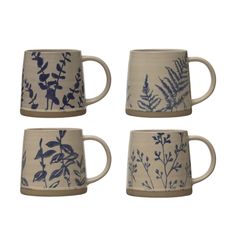 four coffee mugs with blue flowers and leaves painted on the sides, set of 4