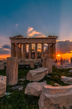 the sun is setting behind some ruins in the ancient greek city of segesia