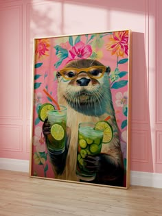 a painting of an otter holding two glasses of limeade