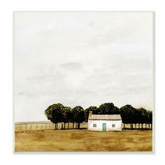 a painting of a white house in the middle of a field with trees on either side