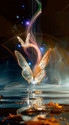 two butterflies are flying over the water