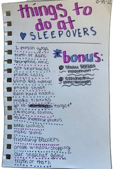 a piece of paper with writing on it that says things to do at sleepovers