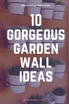 the words 10 gorgeous garden wall ideas are in white pots on a wooden shelf with succulents