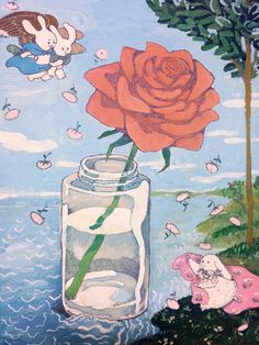 a painting of a rose in a jar with an angel flying over it and another figure sitting on the ground