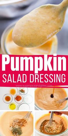 pumpkin salad dressing in a glass bowl with spoons and seasonings on the side