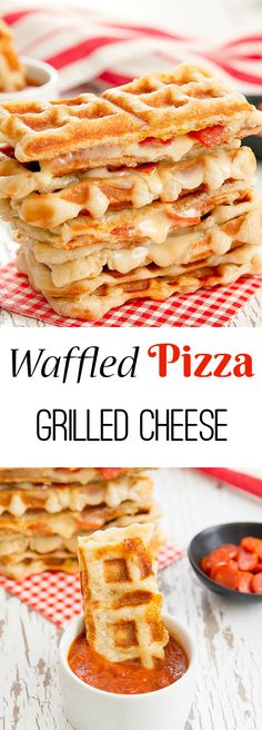 waffle pizza grilled cheese is stacked on top of each other and ready to be eaten