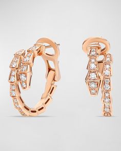 BVLGARI huggie earrings    Polished 18karat rose gold    Full pavé white diamonds    0.75 total diamond carat weight    For pierced ears    Made in Italy Rose Gold Diamond Earrings, Bvlgari Earrings, Bvlgari Serpenti, Gold Diamond Earrings, Jewelry Lookbook, Rose Gold Diamonds, Dream Jewelry, Rose Gold Earrings, White Diamonds