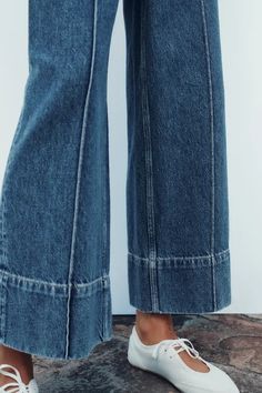 HIGH-WAISTED Z1975 CROPPED WIDE LEG JEANS - Mid-blue | ZARA United States Chic High Rise Bottoms With Contrast Stitching, Trendy Frayed Hem Jeans For Work, Trendy Jeans With Frayed Hem For Workwear, High Rise Flare Jeans With Contrast Stitching For Spring, Denim Blue Flare Jeans With Contrast Stitching For Spring, Spring Flare Jeans With Contrast Stitching In Dark Wash, Spring Flare Jeans In Dark Wash With Contrast Stitching, Spring Dark Wash Flare Jeans With Contrast Stitching, Trendy Rigid Denim Flare Jeans For Spring