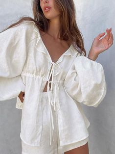 Composition: 95% Cotton, 5% Linen Design: Plain, Ruffle, Drawstring Style: Casual Thickness: Regular Material: Cotton and Linen Occasion: Leisure Two Piece Shorts, Loose Tie, Two Piece Shorts Set, Linen Design, Elastic Shorts, Two Piece Pants Set, Streetwear Summer, Cute Summer Outfits