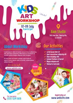 the kids art workshop flyer is shown