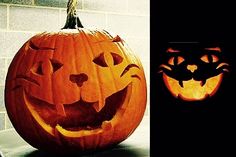 two pumpkins with faces carved into them and the words, halloween pumpkins ideas