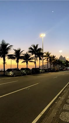 cars parked on the side of an empty street at sunset with palm trees in the foreground