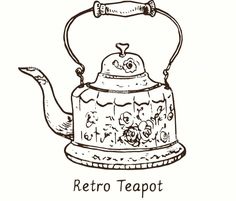 a drawing of a tea kettle with the words retro teapot on it's side