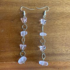 Handmade Dangly Earrings With Crystal Butterflies And Light Pink Rock Shaped Beads, So Cute Go With Everything. Very Y2k And Coquette Teardrop Beaded Earrings, Home Made Jewelry Ideas, Made Jewelry Ideas, Nutcracker Earrings, Simple Bead Earrings, Crystal Butterflies, Home Made Jewelry, Butterfly Crystal, Pink Jewelry