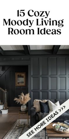 a living room with black walls and white trim on the ceiling is featured in this article