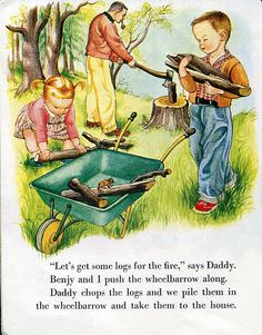 an old children's book with pictures of people working in the yard