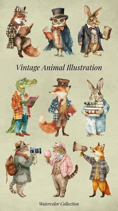 vintage animal illustrations are featured in this watercolor illustration collection for children's books