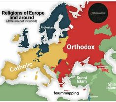 a map with different countries labeled in red, yellow, and blue on top of each other