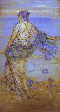 a painting of a woman walking on the beach with a blue scarf around her neck