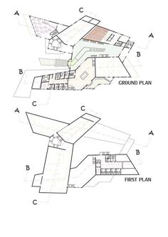 two diagrams showing the different sections of a building, including an upper and lower floor plan