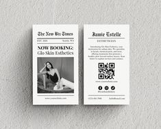 two white business cards with black and white photos on the front one has an image of a woman in a bathing suit