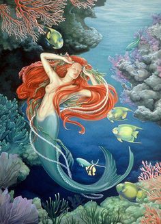 a painting of a mermaid swimming in the ocean with fish and corals around her