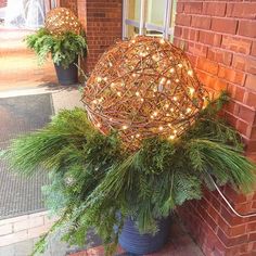 a planter filled with pine needles and lights on the side of a brick building