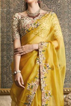 Shop for Prisho Yellow Silk Floral Embroidered Saree With Blouse for Women Online at Aza Fashions Yellow Embroidery Saree, Holud Outfit, Yellow Sarees, Sparkly Makeup, Sarees For Girls, Simple Saree Designs, Indian Bridal Sarees, Cotton Saree Designs, Adventure Seeker