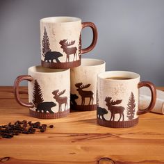 Forest Trails. Coffee Mugs Tumblers, Forest Themed Wedding Dishes, Rustic Mug Set, Glassware Crafts Mountain, Woodland Animal Mugs, Moose Shaped Mug, Forest Pottery Decal, Coffee Mugs Cabin, Moose Table