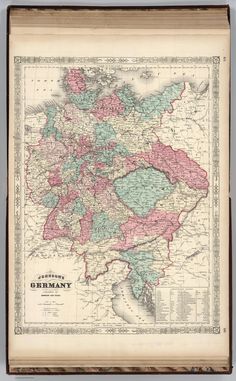 an old map of germany in pink and green