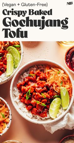 bowls filled with rice, meat and vegetables on top of a white countertop next to sauces