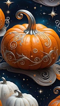 a painting of two pumpkins with swirly designs on them and stars in the background