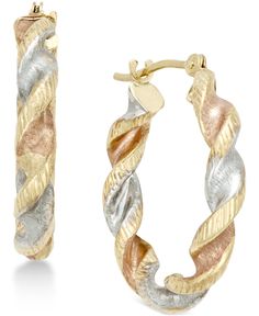 A tri-tone finish teams with a twisted design, delivering contemporary appeal to these stylish hoops. Crafted in 10k tri-tone gold. Bar-and-catch closure. Approximate diameter: 3/4 inch. Twist Hoop Earrings, Double Hoop Earrings, Oval Hoop Earrings, Mens Gift Sets, Fine Jewellery Earrings, Baby Clothes Shops, Gold Plated Sterling Silver, Rose Gold Plates, Pumps Heels