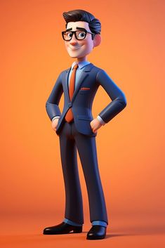 a cartoon man in a suit and tie standing with his hands on his hips while wearing glasses