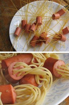 some food is on a plate with noodles and hot dogs in them, but the other pictures are not shown