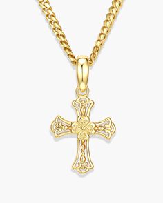 Our Vintage Cross Pendant features ornate details, drawing from the intricate patterns and craftsmanship of classic revival design and artistry. Perfect for dressing up or keeping it casual, this cross pendant combines classic style with modern versatility. Details Drawing, Revival Design, Gold Cuban Link Chain, Cross Gold, Gold Cross Pendant, Solid Gold Chains, Silver Shop, Cuban Link Chain, Cuban Link