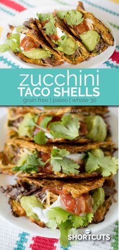 the recipe for zucchini taco shells is shown on a plate with lettuce and tomatoes