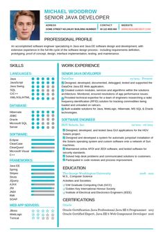 a professional resume with blue and gray accents on the front, including an image of a man