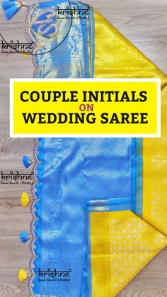 Couple Name customisation on your Wedding Saree.Bride & Groom names, Name Initials along with the Wedding Date are hand-embroidered on your Wedding Silk Saree. Celebrate your special moments..with these uniquely custom-crafted bridal saree pallu patterns from Krishne Tassels. Whatsapp 9916253832 to know more or place the order.. Name edging saree pallu patterns cost between ₹ 2500 ~ ₹ 6500 & the price is based on the handicraft effort needed. Embroidery On Saree, Saree Bride, Saree Pallu, Langa Voni, Couple Name, Hair Brooch