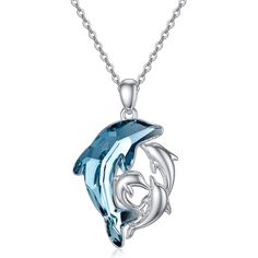 PRICES MAY VARY. ❤️Mother and 3 Child Dolphin Necklace ❤️ Dolphins are symbols of wisdom, friendliness, good luck, and pure love. It will bring Good Luck to someone who wears,perfect as a gifts for women,mother,wife,grandma,mom,new mom to be. ❤️Mother Dolphin Necklace Size ❤️ Pendant size 1.02 inches*0.77 inches,Blue Dolphin crystal size: 24mm*14mm, with 18+2 inch rolo chains. ❤️STERLING SILVER CRYSTAL NECKLACE❤️ s925 Sterling Silver with 14k white gold plated, will not easily blacken or change Dolphin Necklace Pendants, Hot Gril, Dolphin Birthday, Dolphin Gifts, Mermaid Stuff, Blue Dolphin, Dolphin Art, Dolphin Jewelry, Dolphin Necklace