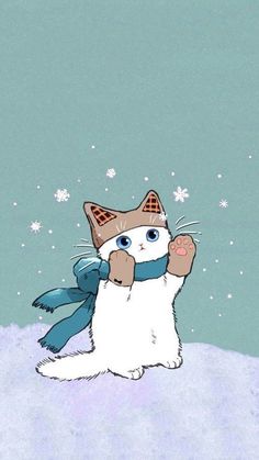 a white cat wearing a hat and scarf sitting in the snow with it's paws up