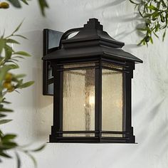 an outdoor light hanging on the side of a wall next to some plants and flowers