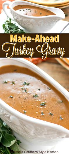 make - ahead turkey gravy recipe in white bowls