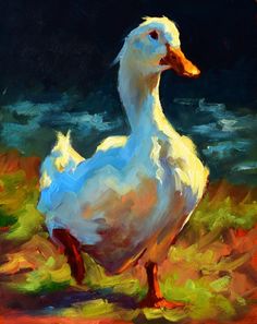 a painting of a duck standing in the grass