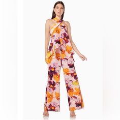 Elliatt Tahlee Floral Print Halter Top & Pants Set In Multi - Two Piece Set - Cold Shoulder Asymmetrical Top - Wide Leg Pants - Vacation Ready - Nwt No Care Tag Chic Floral Print Wide Leg Sets, Spring Vacation Purple Jumpsuits And Rompers, Purple Jumpsuits And Rompers For Spring Vacation, Chic Wide Leg Jumpsuits And Rompers With Floral Print, Chic Multicolor Wide Leg Sets, Sleeveless Pink Pantsuit For Spring, Elegant Multicolor Summer Pants, Chic Purple Bottoms With Floral Print, Purple Vacation Sets For Spring