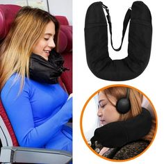 a woman sitting in an airplane with headphones on her ears and wearing a neck pillow